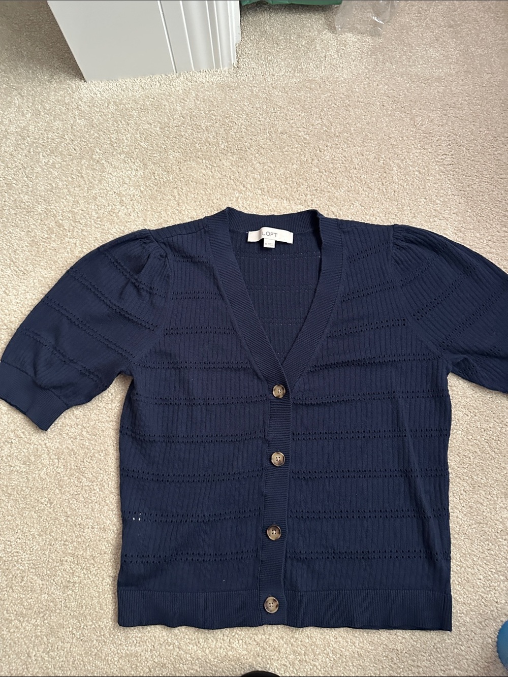LOFT Navy Short Sleeve V-Neck Button Cardigan